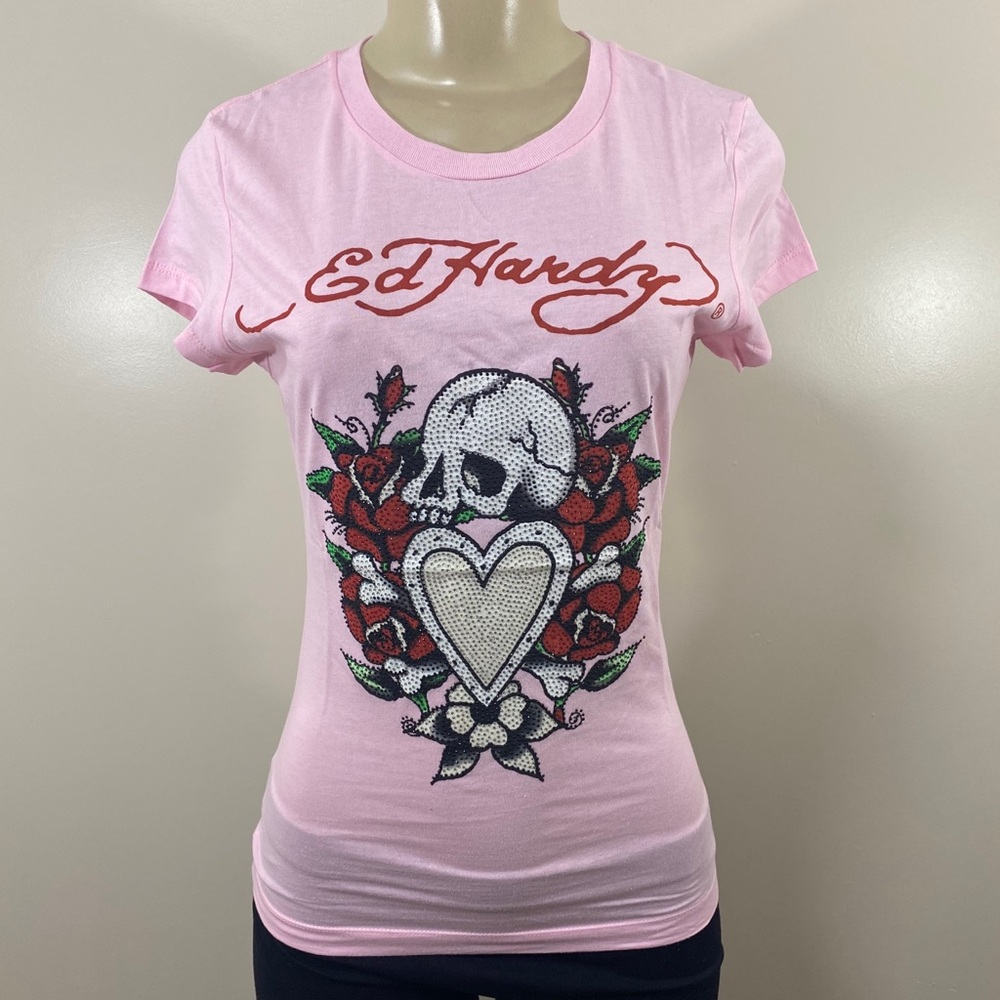 Ed Hardy Women Skull Roses Pink Shirt Rhinestone